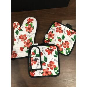 VTG Hawaii Oven Mitt & Pot Holder Hot Pad Tourist Souvenir Flowers Set Excellent